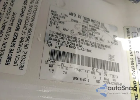 2007 Ford Expedition Limited z USA, uszkodzony, nr VIN 1FMFU195X7LA25592